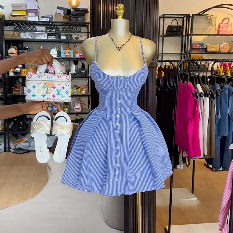 BKLD Summer Spaghetti Strap Mini Dress 2026 Women Clothing Sexy Blue Striped A-Line Female Camisole Club Party Short Dresses