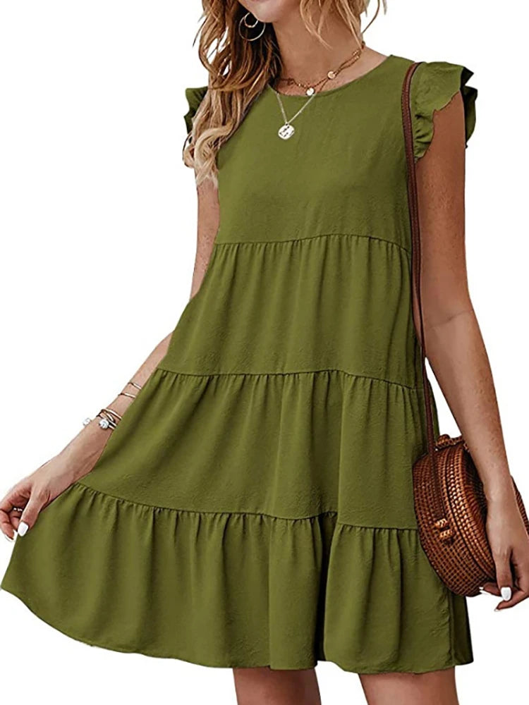 Women Elegant Ruffle Mini Dress Casual Solid O Neck Beach Party Sundress Simple Chic Loose Short Dress Vintage Harajuku Vestido