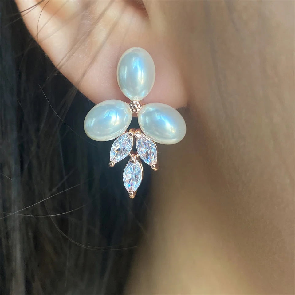ZAKOL Marquise Oval Imitation Pearl Leaf Stud Earrings for Women Shiny Gorgeous Bridal Wedding Jewelry