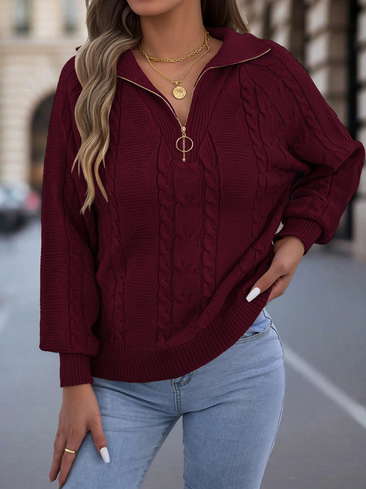 Women's Casual Turn Down Collar Half Zipper Sweaters 2026 Autumn Winter Lantern Long Sleeve Twist Knitted Tops Orange Khaki Red