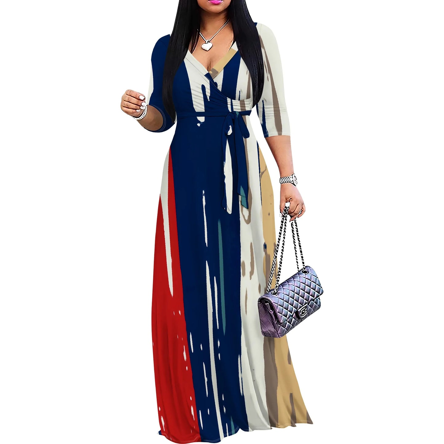 Marble Print Wrap Maxi Dress (S-3XL) – Elegant V-Neck Summer Dress for Wedding & Vacation | فستان ماكسي لف بنقشة الرخام (من S إلى 3XL) – تصميم أنيق برقبة V لصيف أنثوي للمناسبات والعطلات