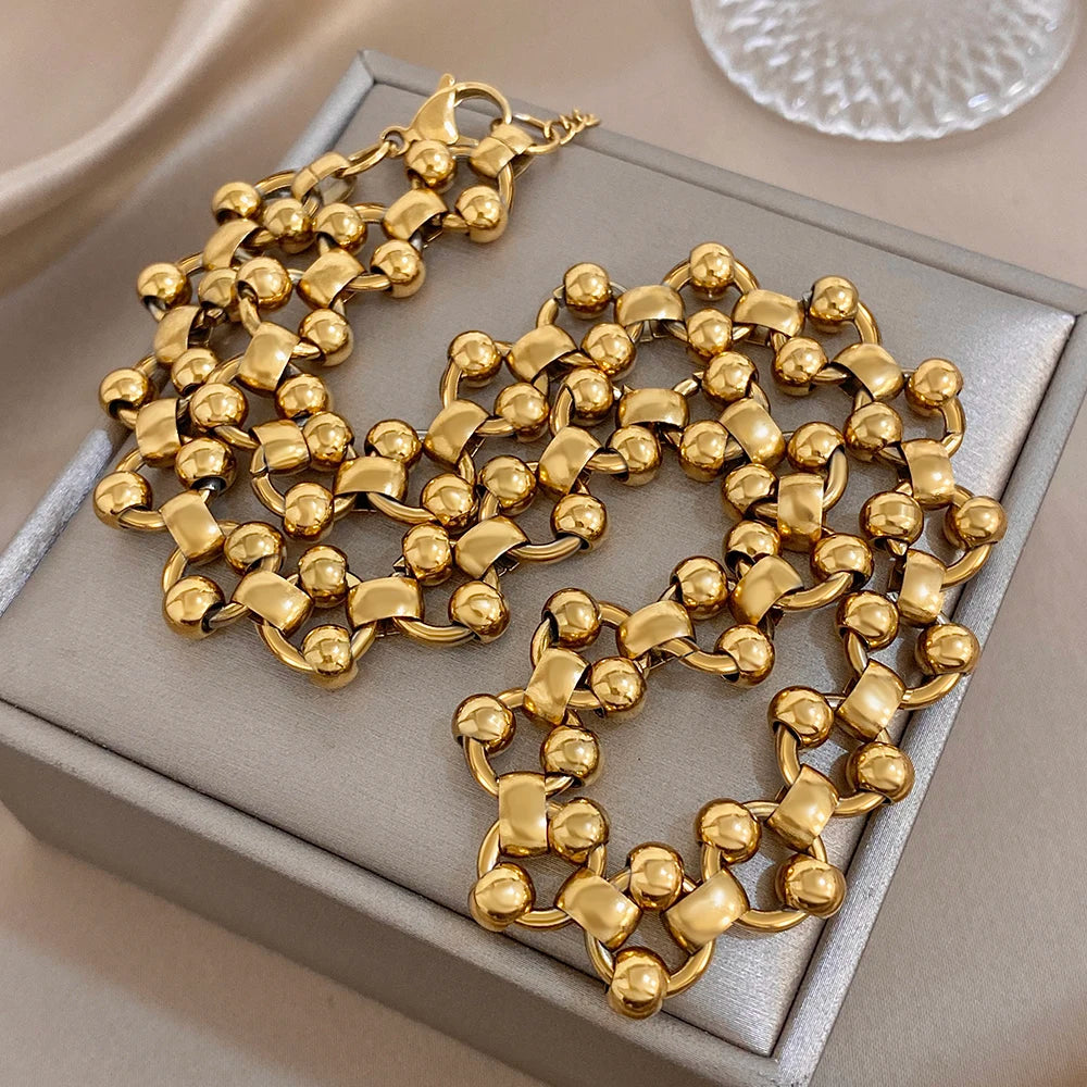 Chunky Stylish 18k Gold Plated Stainless Steel Necklace Bracelet Gold Color Thick Chain High Quality Fashion Jewelry
