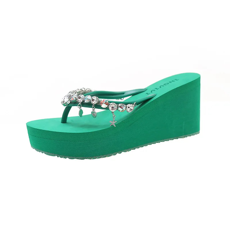 2025 Summer New High-heeled Flip Flops Women's Rhinestone Chain Pendant Thick Bottom Fashionable Clip on Sandals Beach Slippers