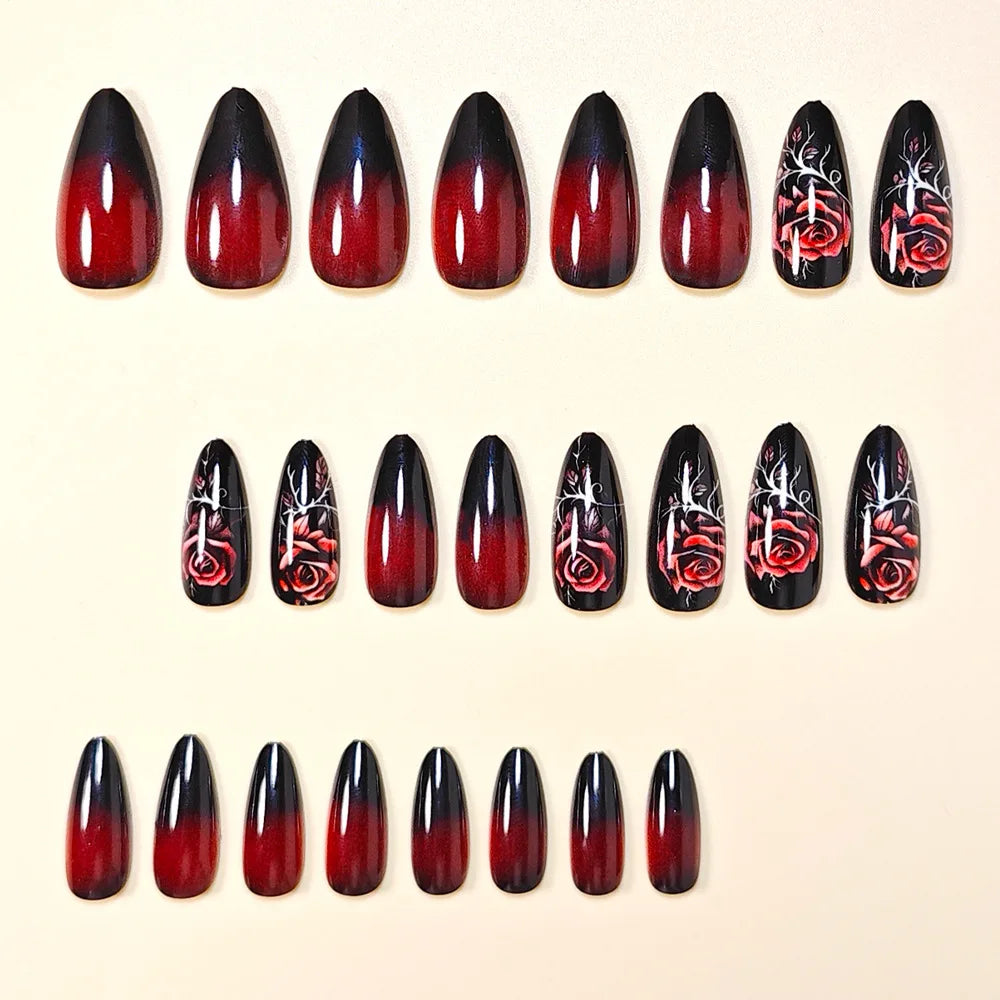 Medium long fake nails for women girl black red rose flowers for Valentine's Day waterdrop almond shape full cover press on nail