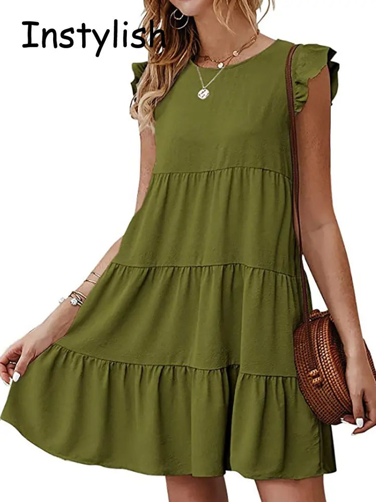 Women Elegant Ruffle Mini Dress Casual Solid O Neck Beach Party Sundress Simple Chic Loose Short Dress Vintage Harajuku Vestido
