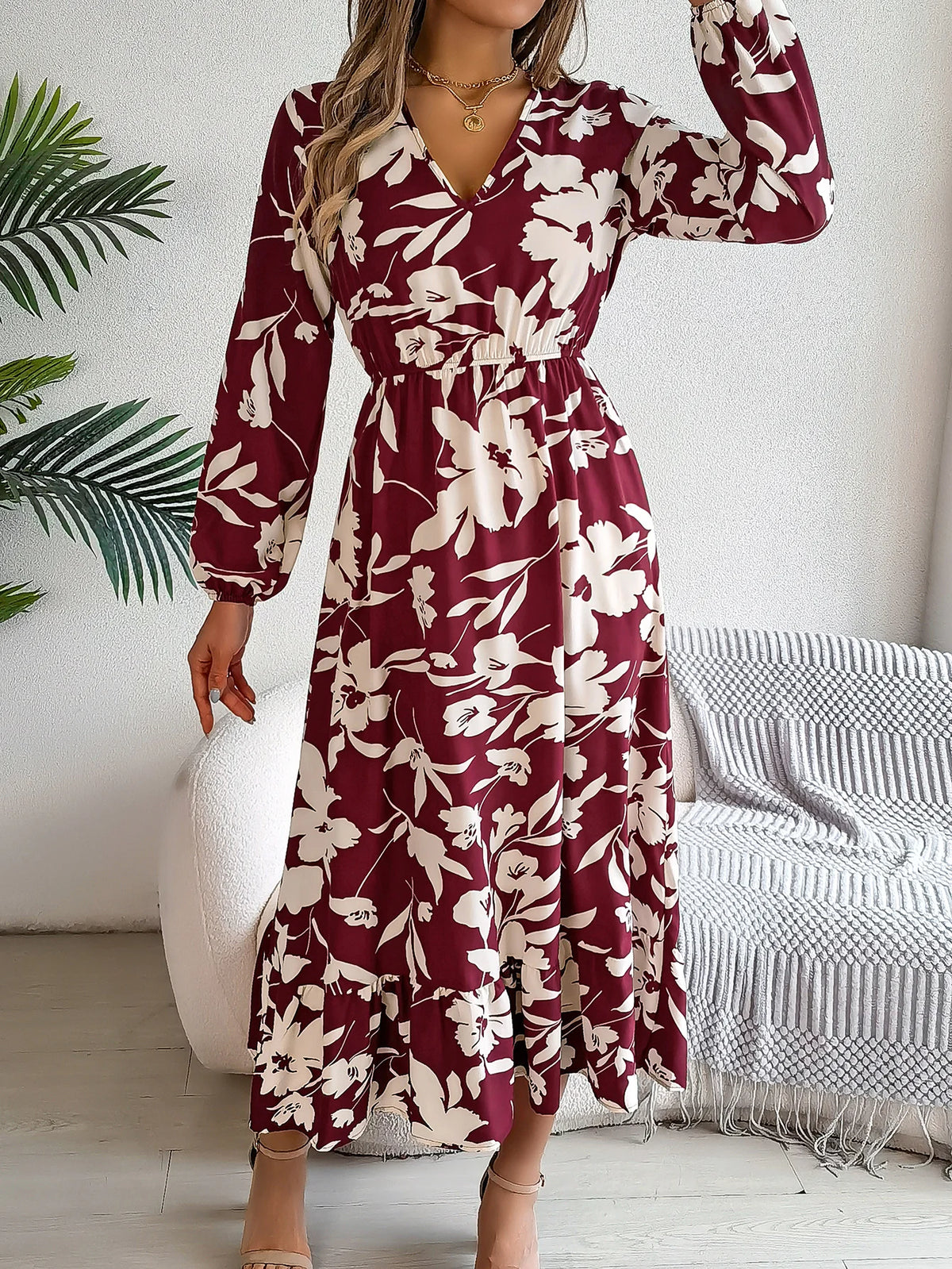 Spring Autumn Elegant V Neck Floral Print Dress 2026 Fashion Lantern Long Sleeve Ruffled Edge Maxi Dresses for Women Streetwear