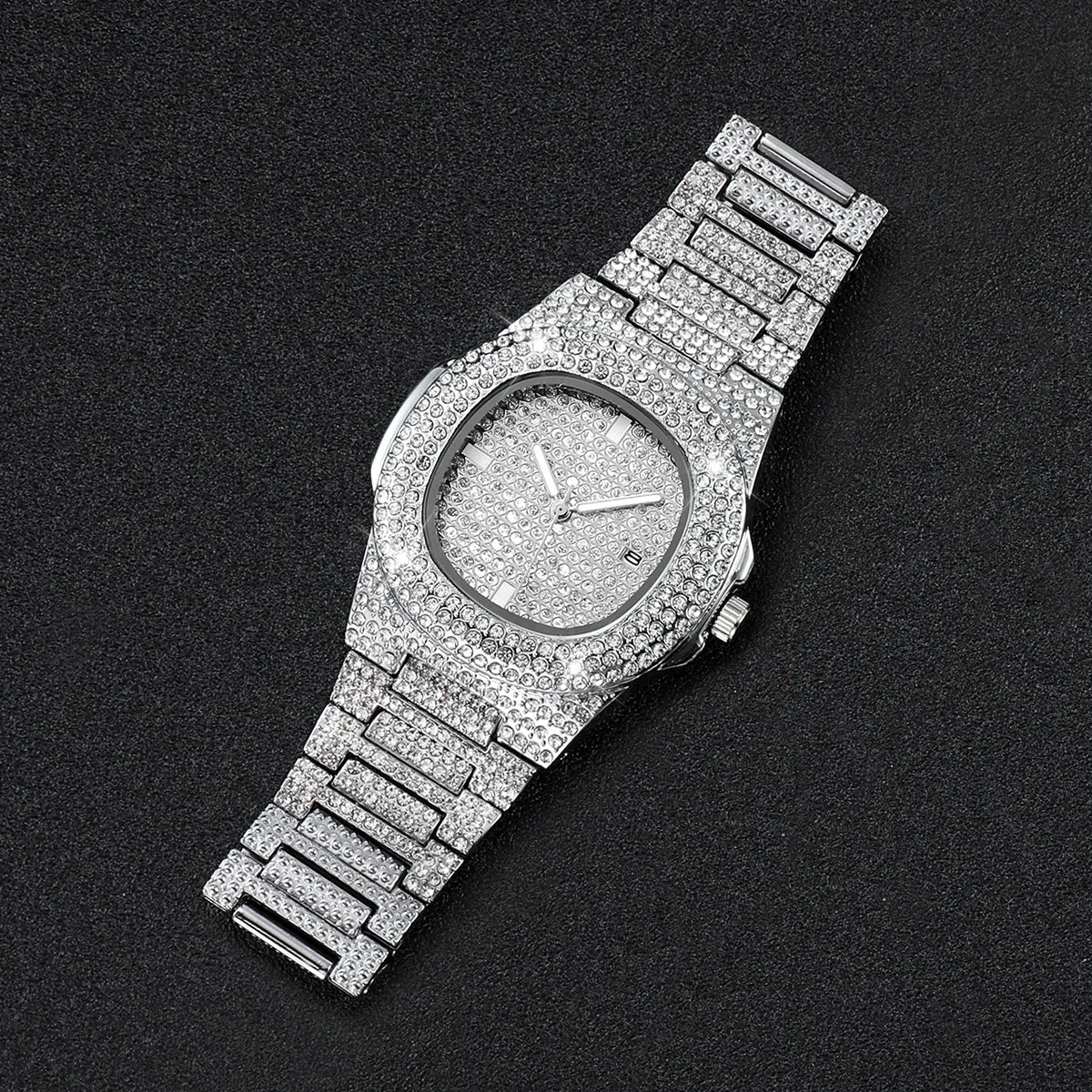 3PCS Iced Out Full Diamond Men Watch Cuban Chain Necklace Bracelet Set Hip Hop Quartz Wristwatch Accessories Relogio Masculino