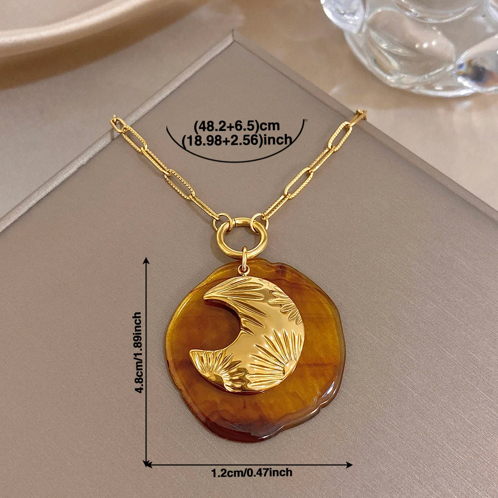 Trendy 316L Stainless Steel Chain Necklace Vintage Amber Resin Moon Round Pendant Statement Waterproof Fashion Jewelry