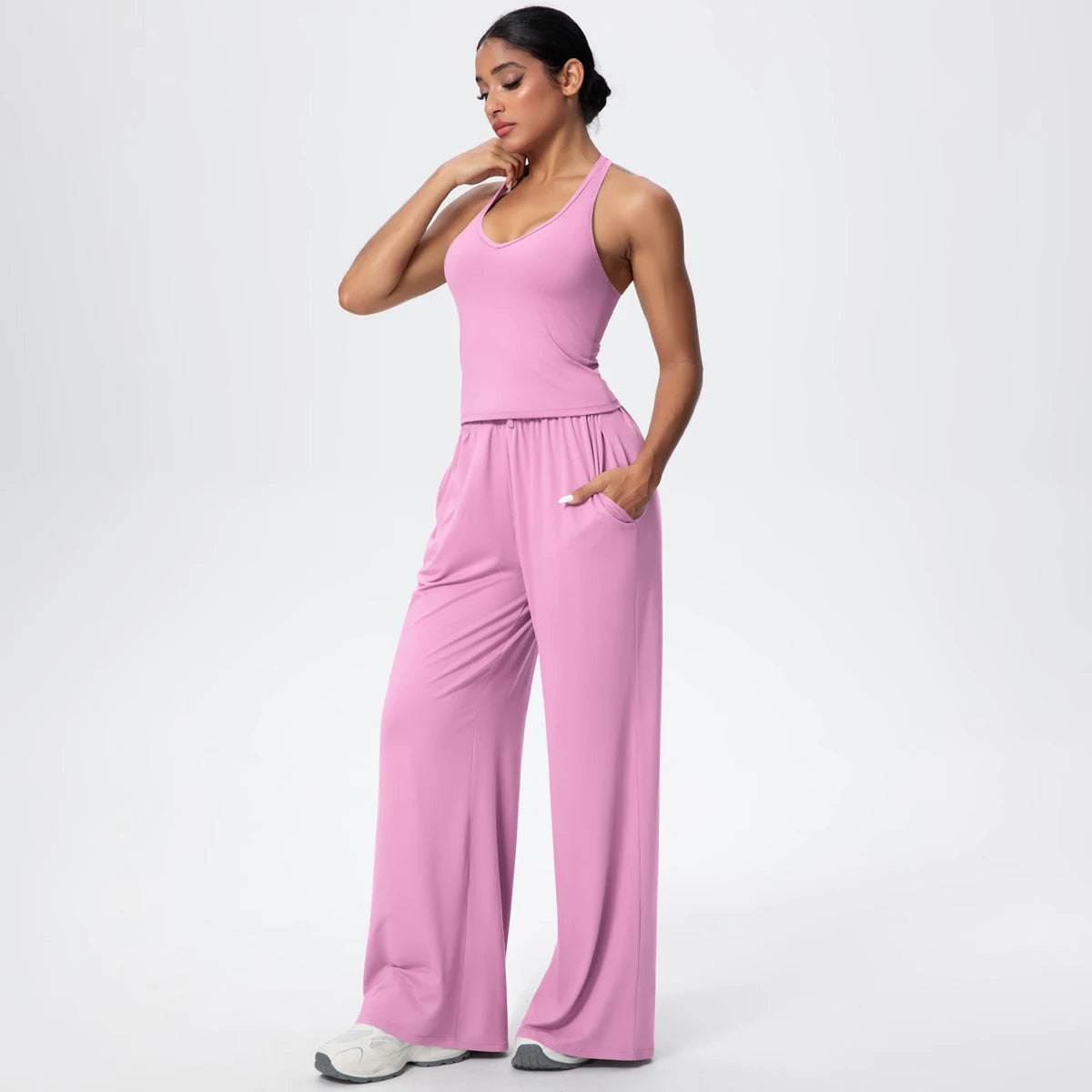 Breathable Loose Wide Leg Pants and Yoga Vest Set Solid Color High Stretch Pockets Pants Beautiful Back T-shaped Vest Yoga Suit