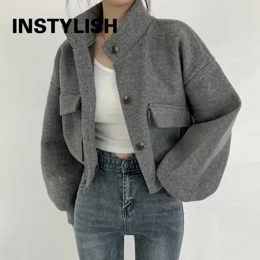 Women Y2K Cropped Jacket Stand Collar Cargo Pocket Long Sleeve Loose Oversized Short Coat Ladies Autumn Streetwear Outerwear