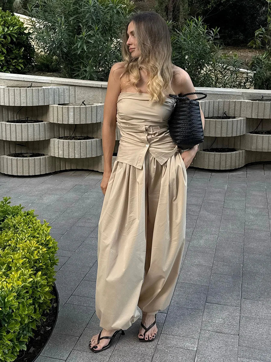 Y2k Fashion Pocket Bloomers Female Trousers Wide Leg Women Pants Pleated Loose High Waist Patchwork Bandage Streetwear