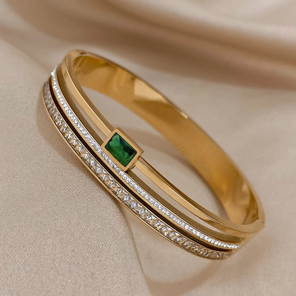 Flashbuy Trendy Chic Green Zircon Stainless Steel Bangle Bracelets for Women Charm Texture Simple Gold Color Accessories