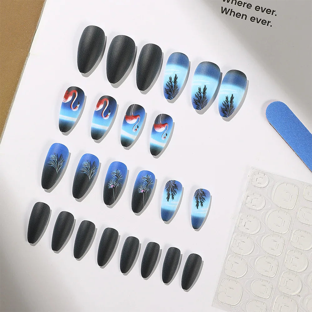 24pcs/set medium long fake nails square ballet nail tips glitters starry sky moon star feather design press on false nail art