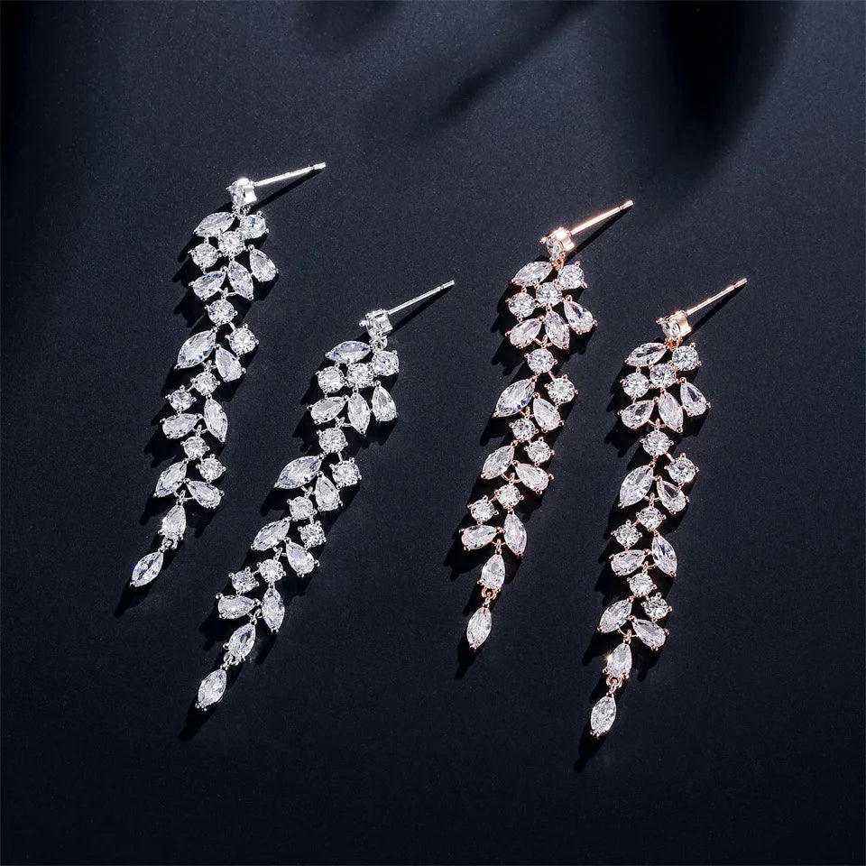 ZAKOL Fashion Cubic Zirconia Leaf Long Dangle Earrings for Elegant Women White Leaves Drop Earring Bridal Wedding Jewelry
