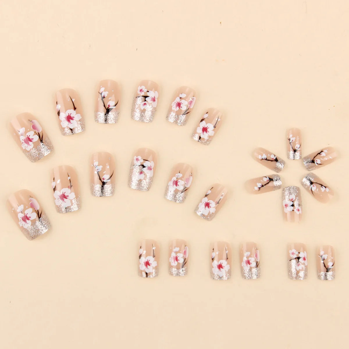 24pcs/set Medium long fake nails yellow dragon flowers feather design for Spring summer Square almond tips press on false nail