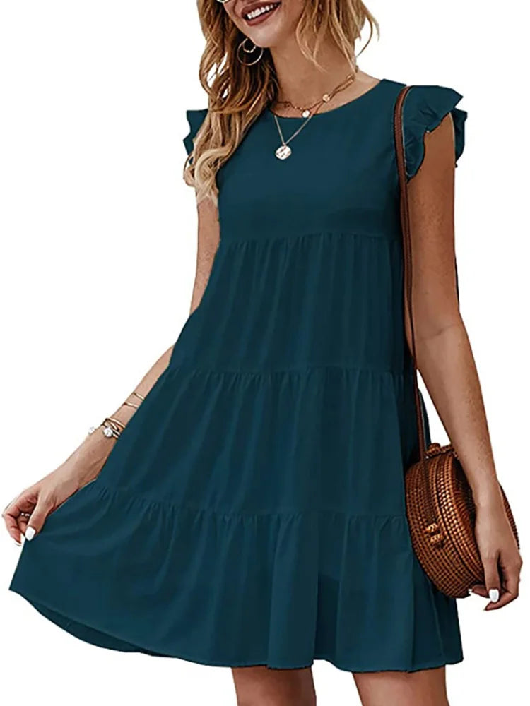 Women Elegant Ruffle Mini Dress Casual Solid O Neck Beach Party Sundress Simple Chic Loose Short Dress Vintage Harajuku Vestido
