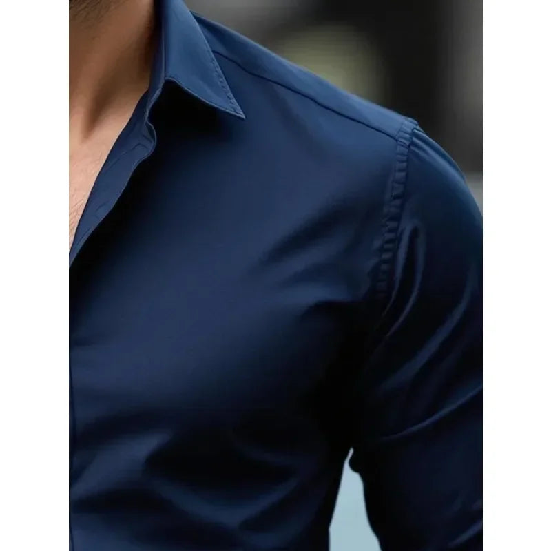 2025 Men's Shirt Brand New Solid Color Long Sleeve Smart Casual Four Season Elastic Male Business Shirts
