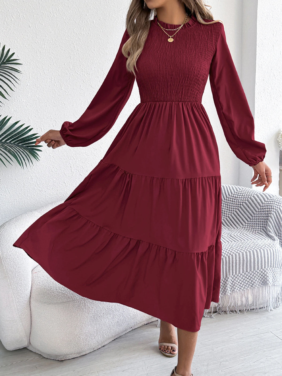 Autumn Winter Elegant Dress for Women Solid Color Round Neck Lantern Long Sleeve Ruffled Dresses Khaki Green Red Woman Clothing
