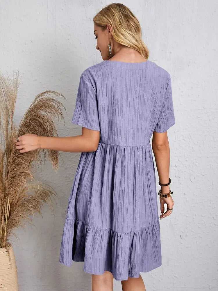 Women Elegant V Neck Ruffles Mini Dress Summer Vintage Solid Loose Sundress Bohemian Casual Solid Beach Party Vestidos