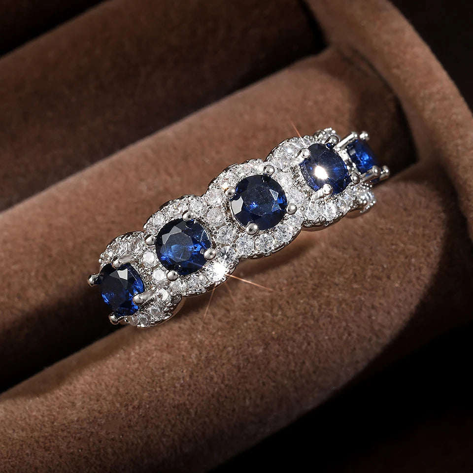 ZAKOLClassic Blue Cubic Zirconia Round Copper Rings For Women Girls Silver Color Metal Crystal Fingers Accessories Jewelry Gifts