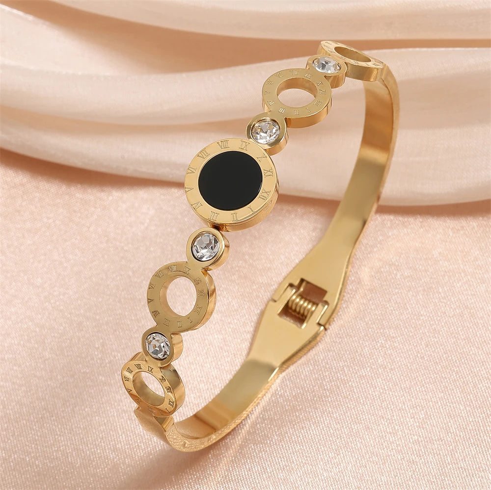ZAKOL Fashion Black Shell Roman Numeral Titanium Steel Bangle Hollow Circle Button Bracelet Jewelry Gifts for Women