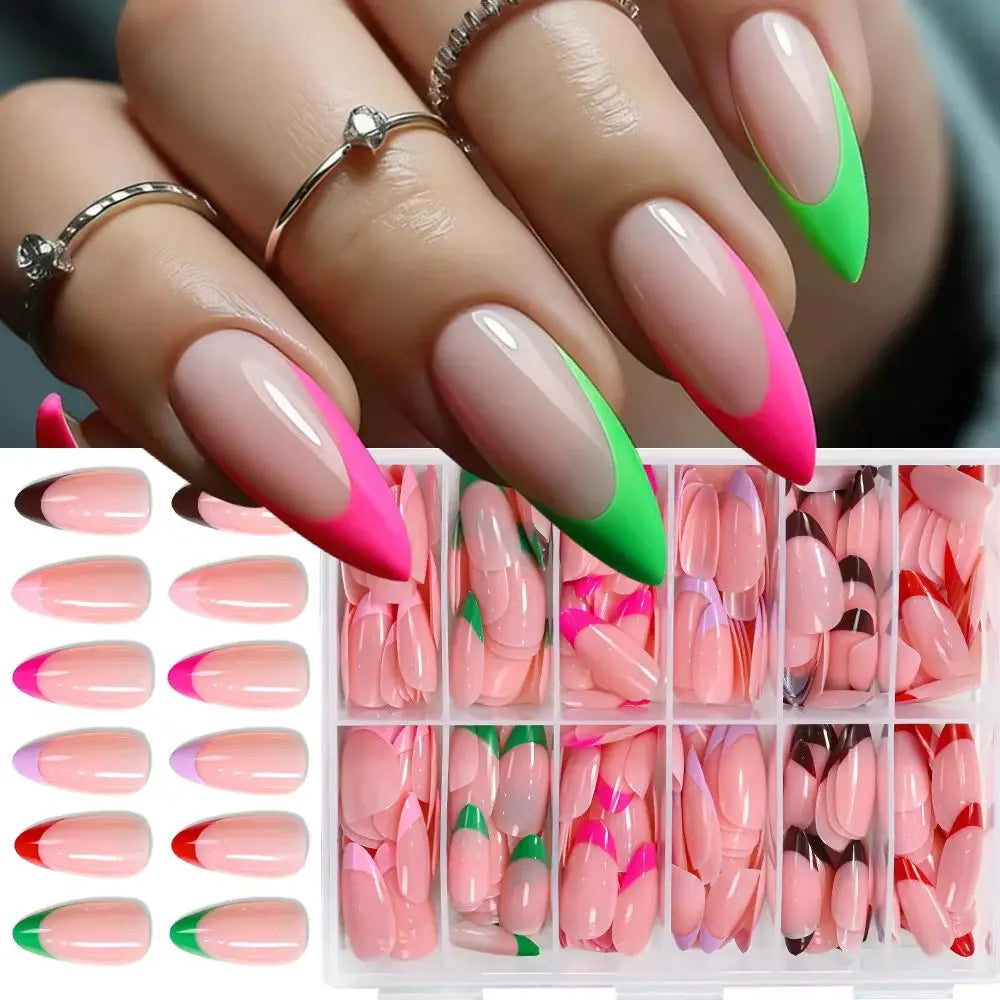 288Pcs Colorful Medium Almond French False Nails Red/Green/Pink/Purple Full Cover Fake Nails Tips Extension Women Press on Nails
