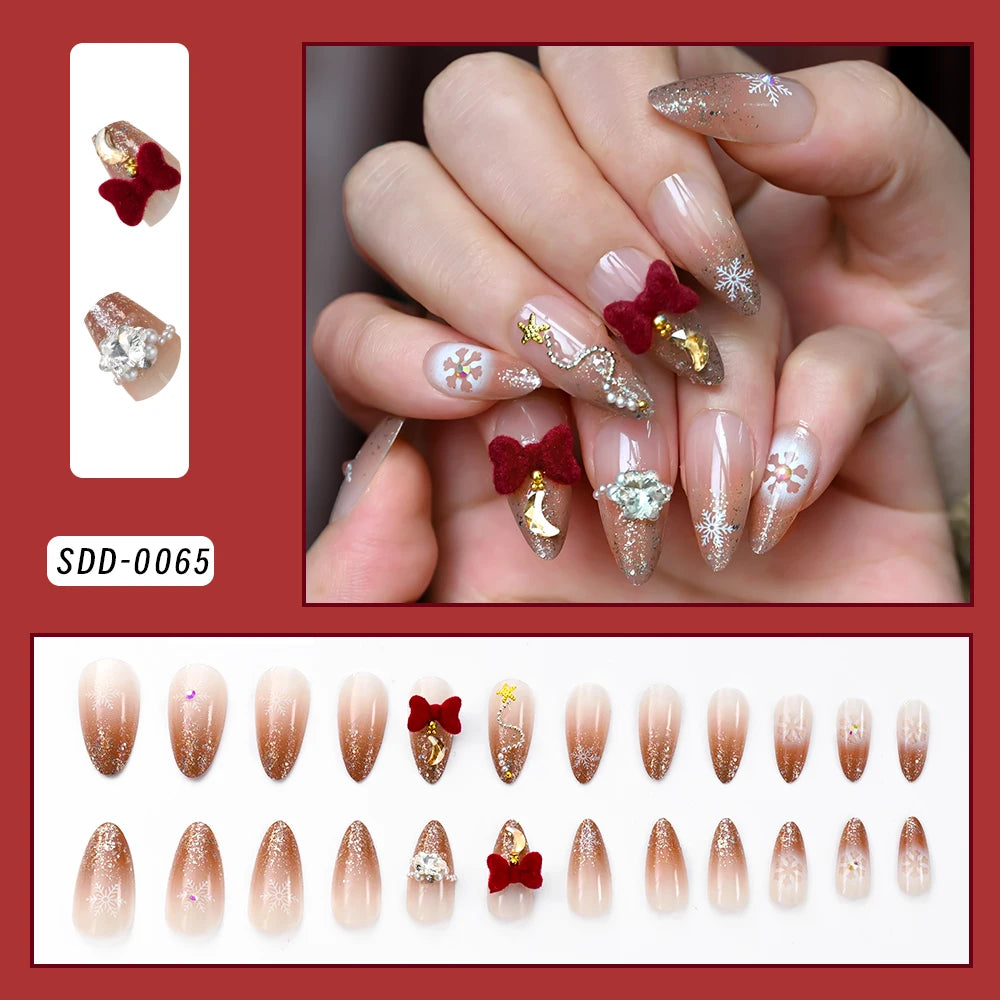 24Pcs Glitter powder French Christmas Fake Nails Almond Full Cover False Nails Snowflake with Bowknot Rhinestone Press On Nails
