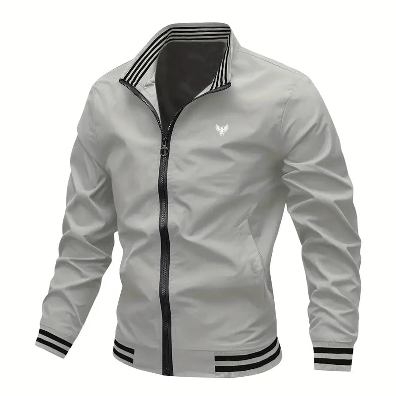 Autumn Winter Men's Long-sleeved Zipper Stand Collar Jacket Non-fleece 100% Polyester Fiber Collar Striped Design Casual Jacket