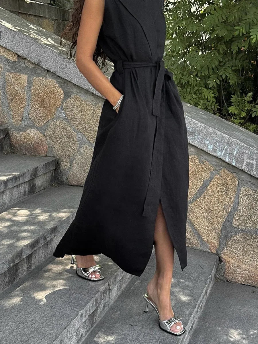 BKLD 2026 Spring Summer New Arrival Sleeveless Shirts Dress Casual Turn-Down Collar Tied Waist Dress Solid Color Women Clothing