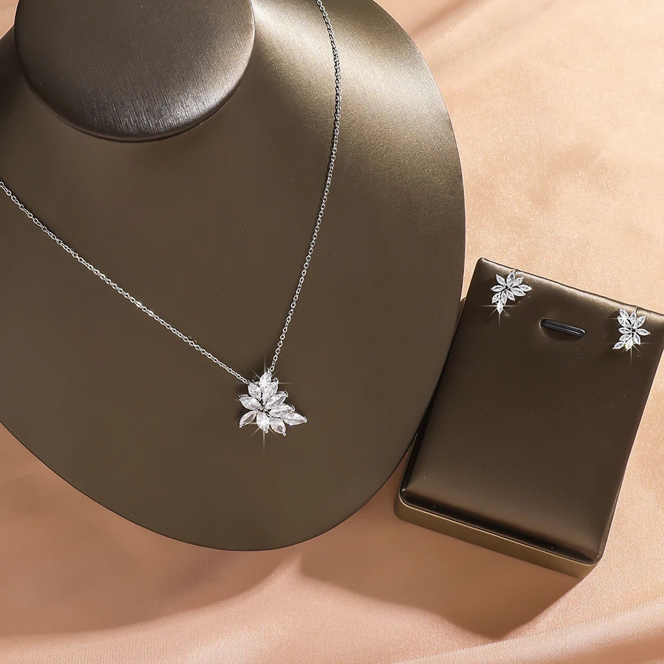 ZAKOL Sliver Color Shining Cubic Zirconia Leaf CZ Pendant Necklace Earrings Set for Women Exquisite Luxury Jewelry Set Gift