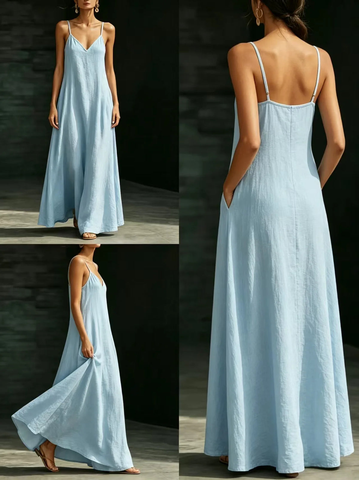 Women Linen Spaghetti Strap Maxi Dress V Neck Loose Swing Long Dress With Pockets Casual Summer Beach Vacation Sundress Ladies
