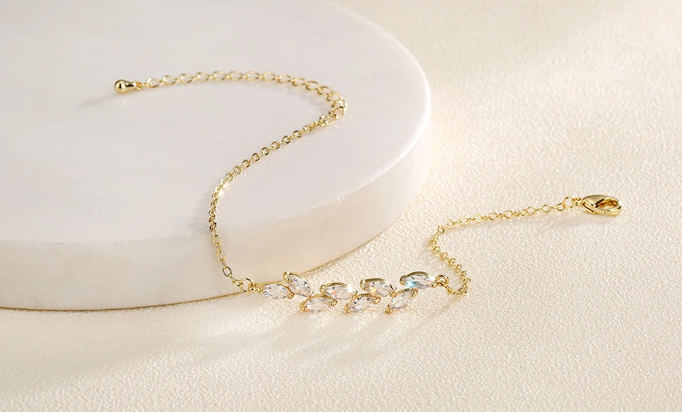 ZAKOL Exquisite Leaf Cubic Zirconia Charm Chain & Link Bracelets for Women Girls Three Colors Bridal Wedding Jewelry
