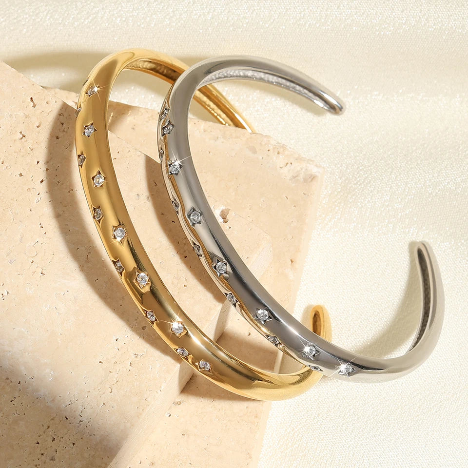 ZAKOL Trendy Stainless Steel Five-pointed Star Zircon Inlaid Open Bracelet Versatile Non Fading Cuff Bangles Jewelry Gift