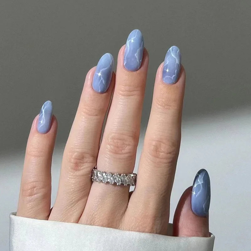 24Pcs Purple Flower Stiletto Round Head Press on Nails False Nails Almond Fake Nails French Wearable Full Cover Nail Tips