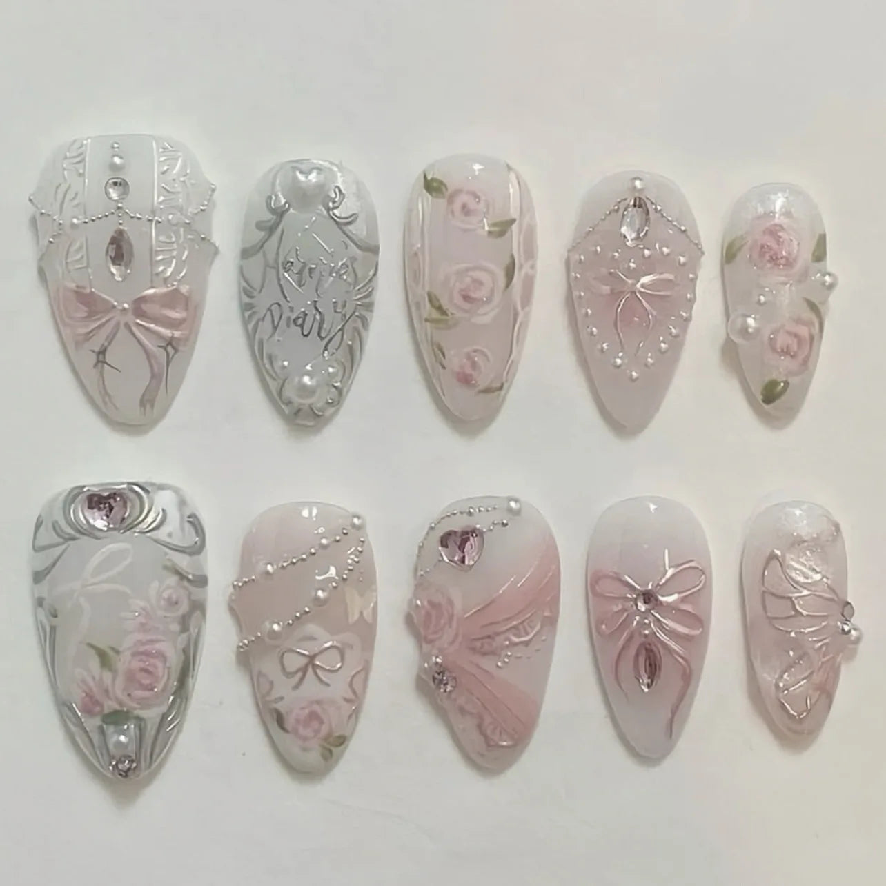 Sweet Pink Almond Press-On Nails with Bow & Heart – 24PCS