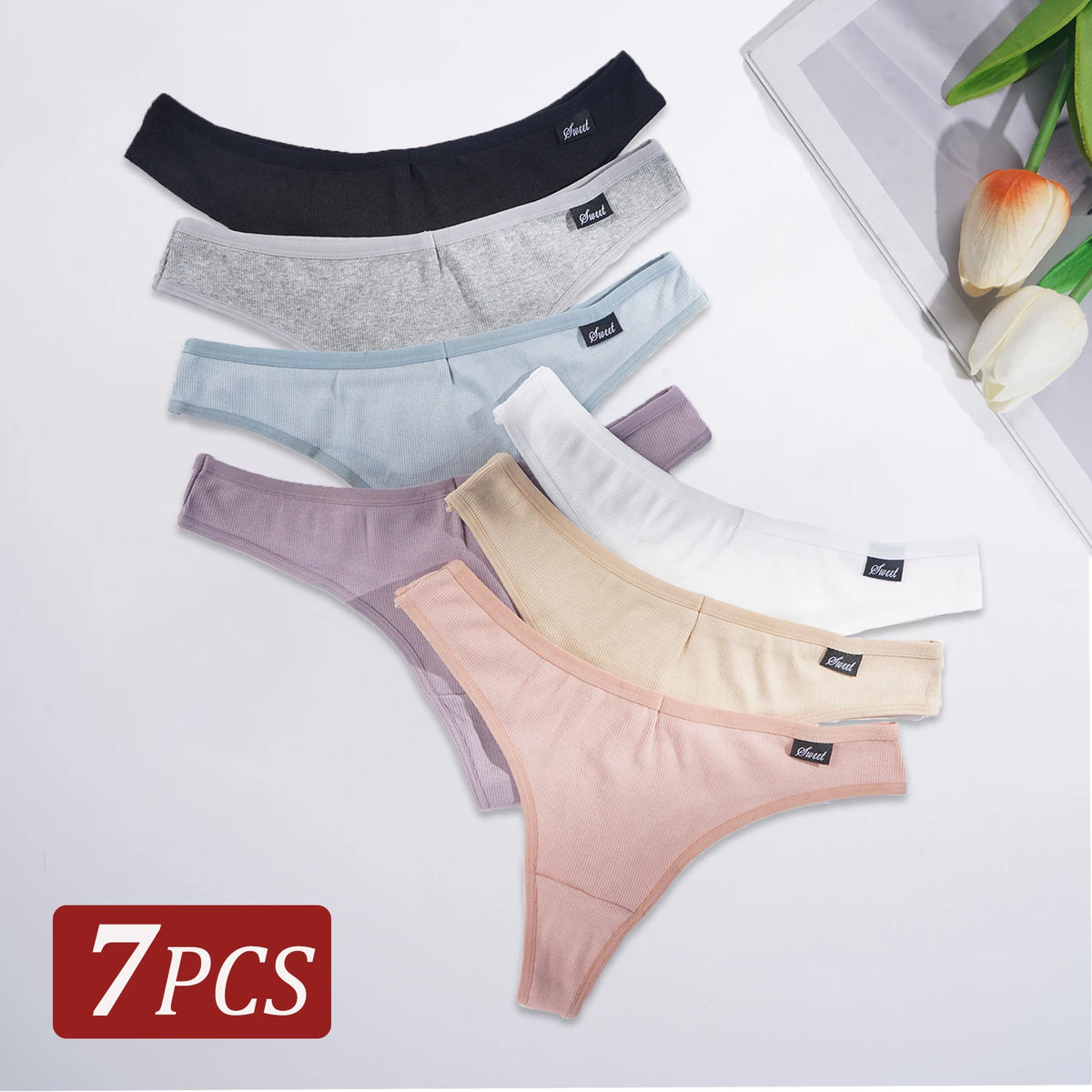 7PCS Cotton Women's Panties G-String Low Waist Solid Color Thongs Soft Breathable Underwear Sexy Intimates Lingerie tangas mujer