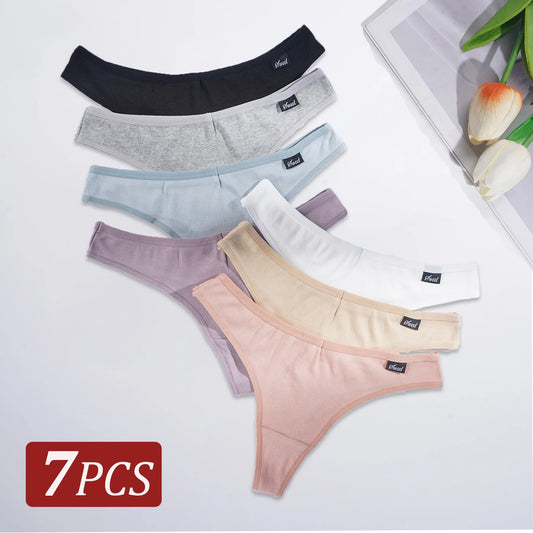 7PCS Cotton Women's Panties G-String Low Waist Solid Color Thongs Soft Breathable Underwear Sexy Intimates Lingerie tangas mujer