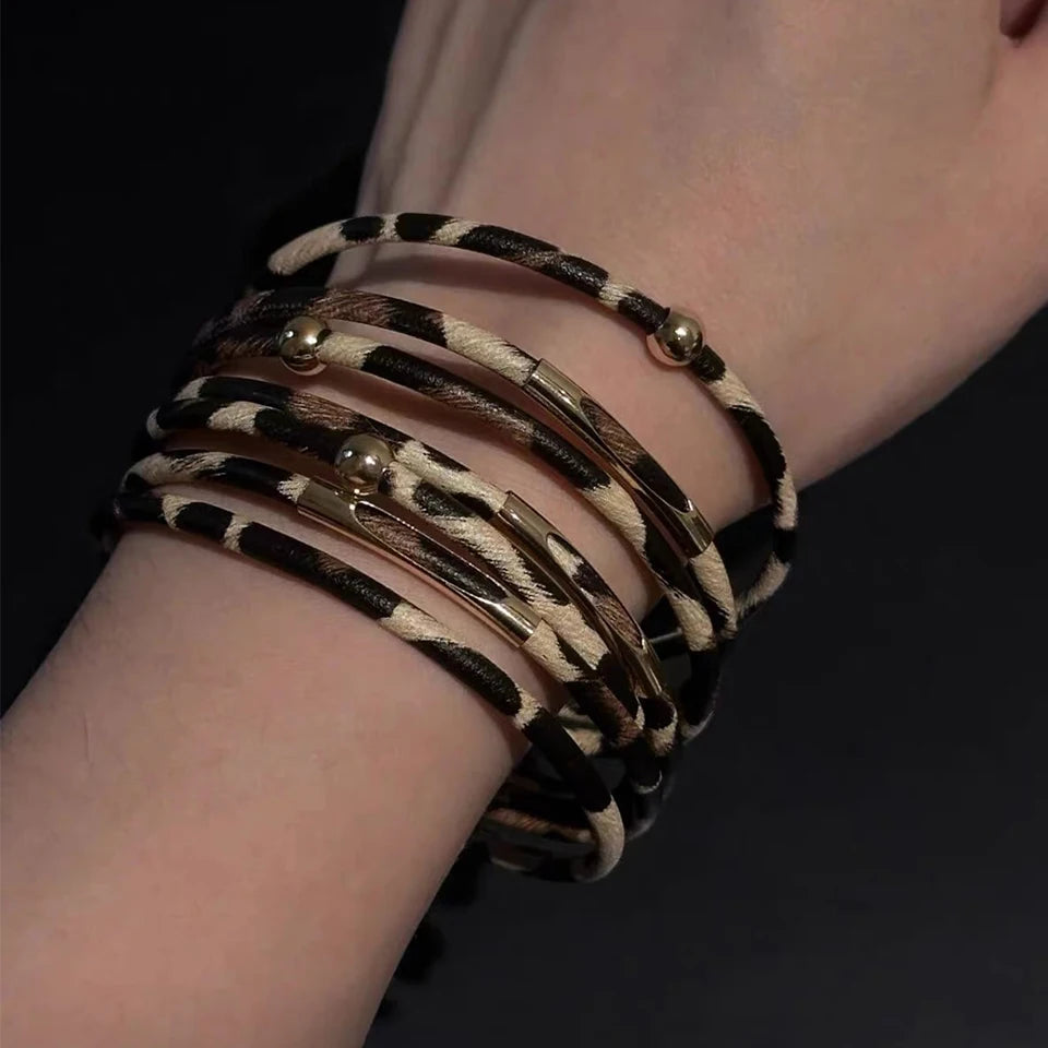 ZAKOL Retro Metal Tube Sexy Leopard Print Leather Bracelet For Men Women Boho Multi-Layer Wrapped Bracelets Charm Jewelry