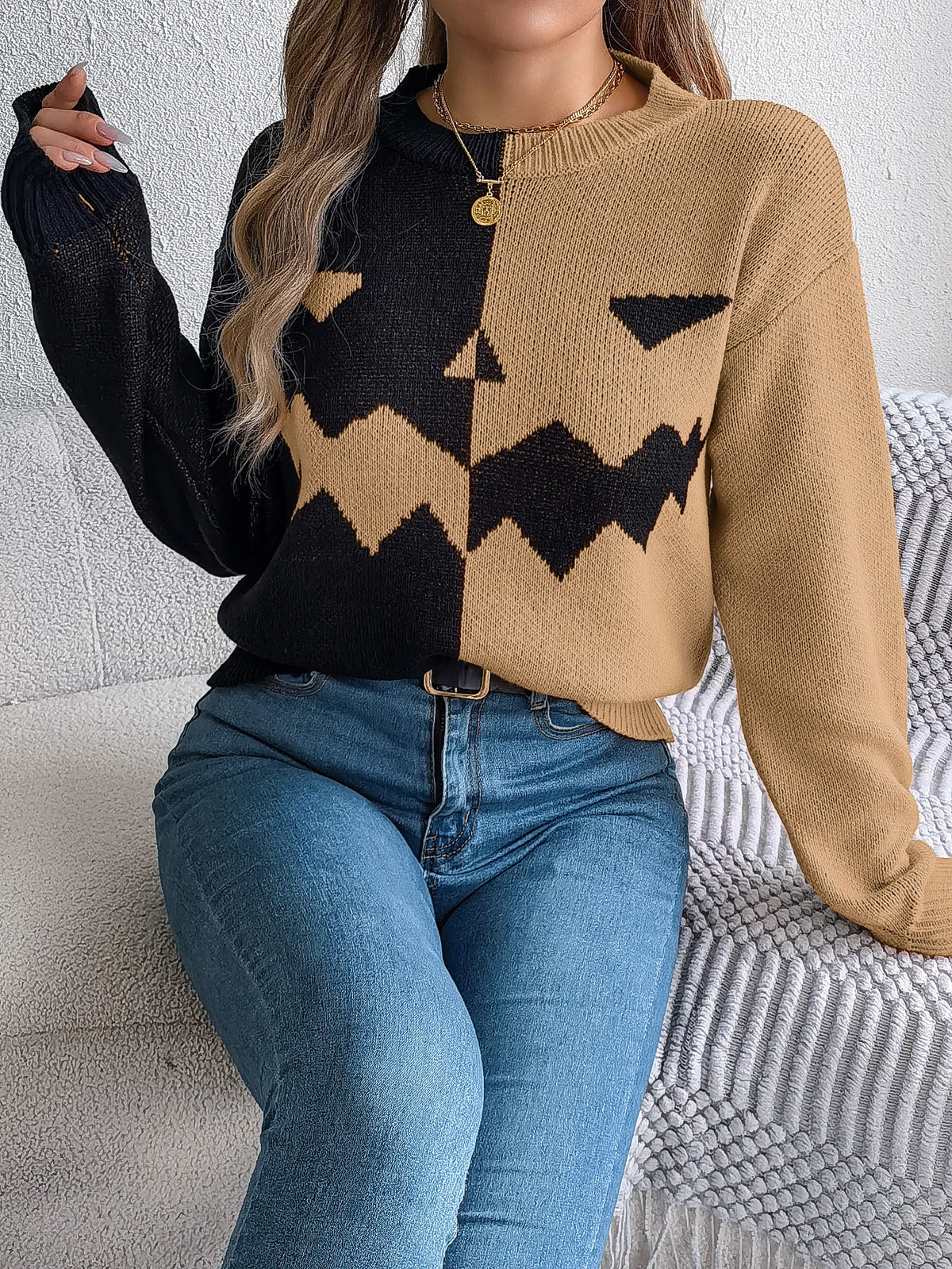 Halloween Women's Contrast Color Pumpkin Pattern Sweaters 2026 Autumn Winter Casual Round Neck Long Sleeve Knitted Pullover