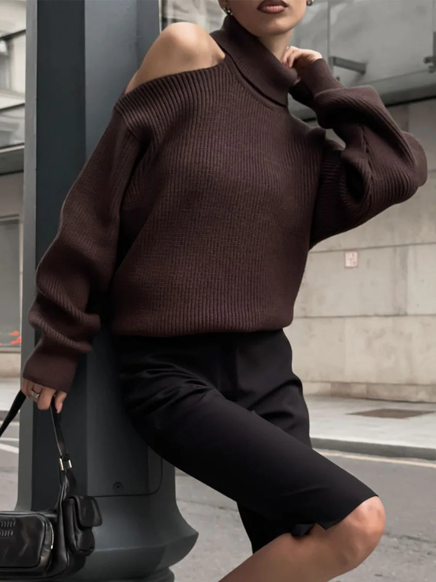 Women New Turtleneck Cutout Shoulder Pullover Long Sleeve Ribbed Knit Trendy Loose Fit Sweater Autumn Winter Fashion Streetwear