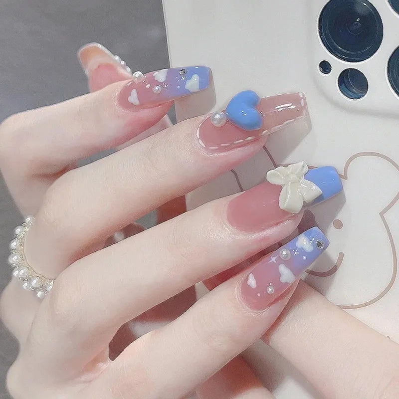 24Pcs Love Heart False Nails French Long Coffin Wearable Fake Nails Full Cover Bowknot/Moon Press on Nails Tips  for Women