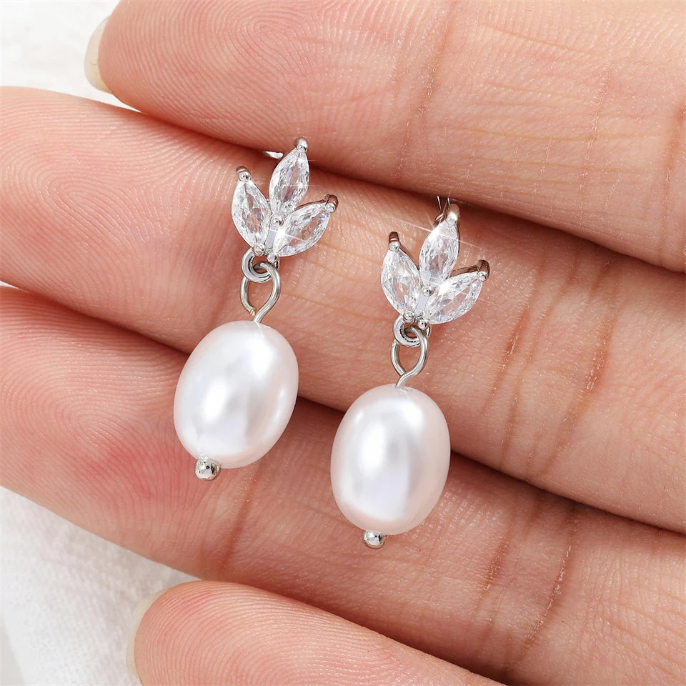 ZAKOL Fashion Leaf Shiny Zircon Pearl Drop Earring Necklaces Jewelry Sets for Women Charming Wedding Jewelry Gift
