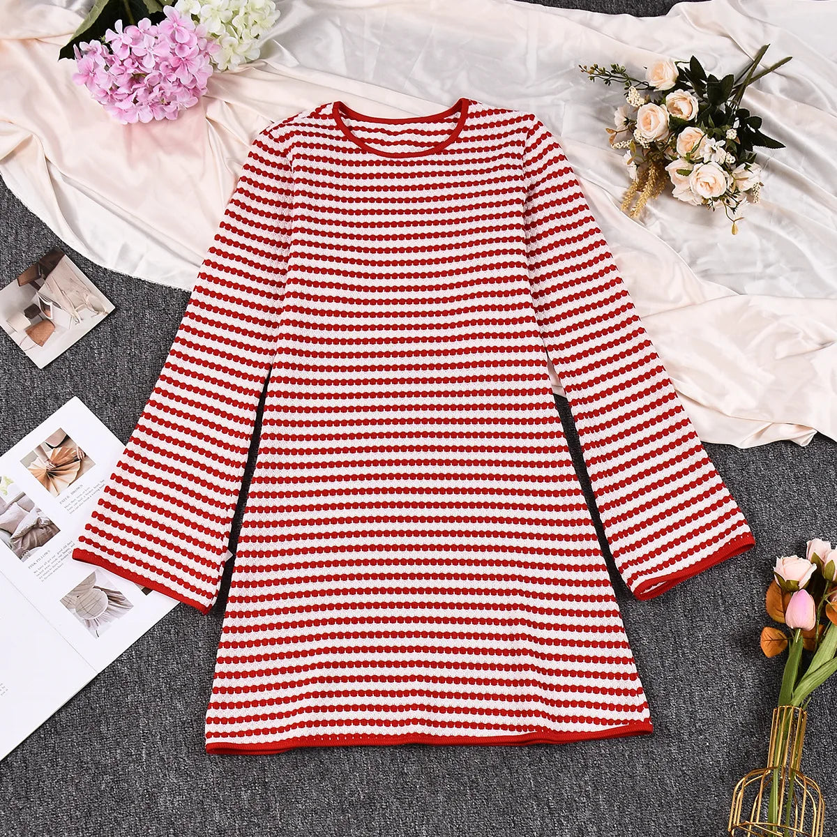 BKLD 2026 New Autumn Clothes Slim Fit Round Neck Long Sleeve Striped Dress For Women Sexy Club Outfits Red Party Dresses