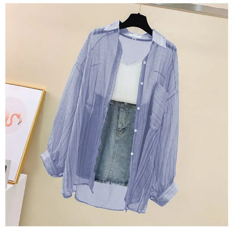Summer Sunscreen Shirt Elegant Perspective Thin Chiffon Blouse Korean Harajuku See Through Loose Top Casual Women's Cardigan