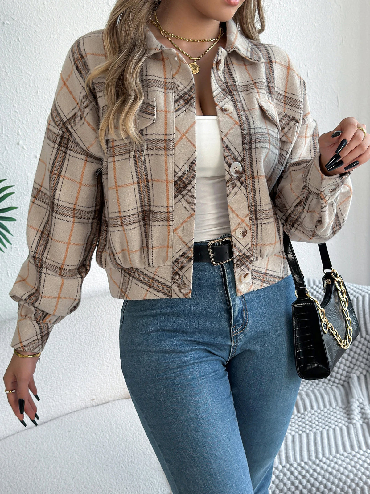 Autumn Winter Casual Plaid Cropped Jacket Lapel Lantern Long Sleeve Single Breasted Woolen Jacket 2026 Fashion Women Clothes