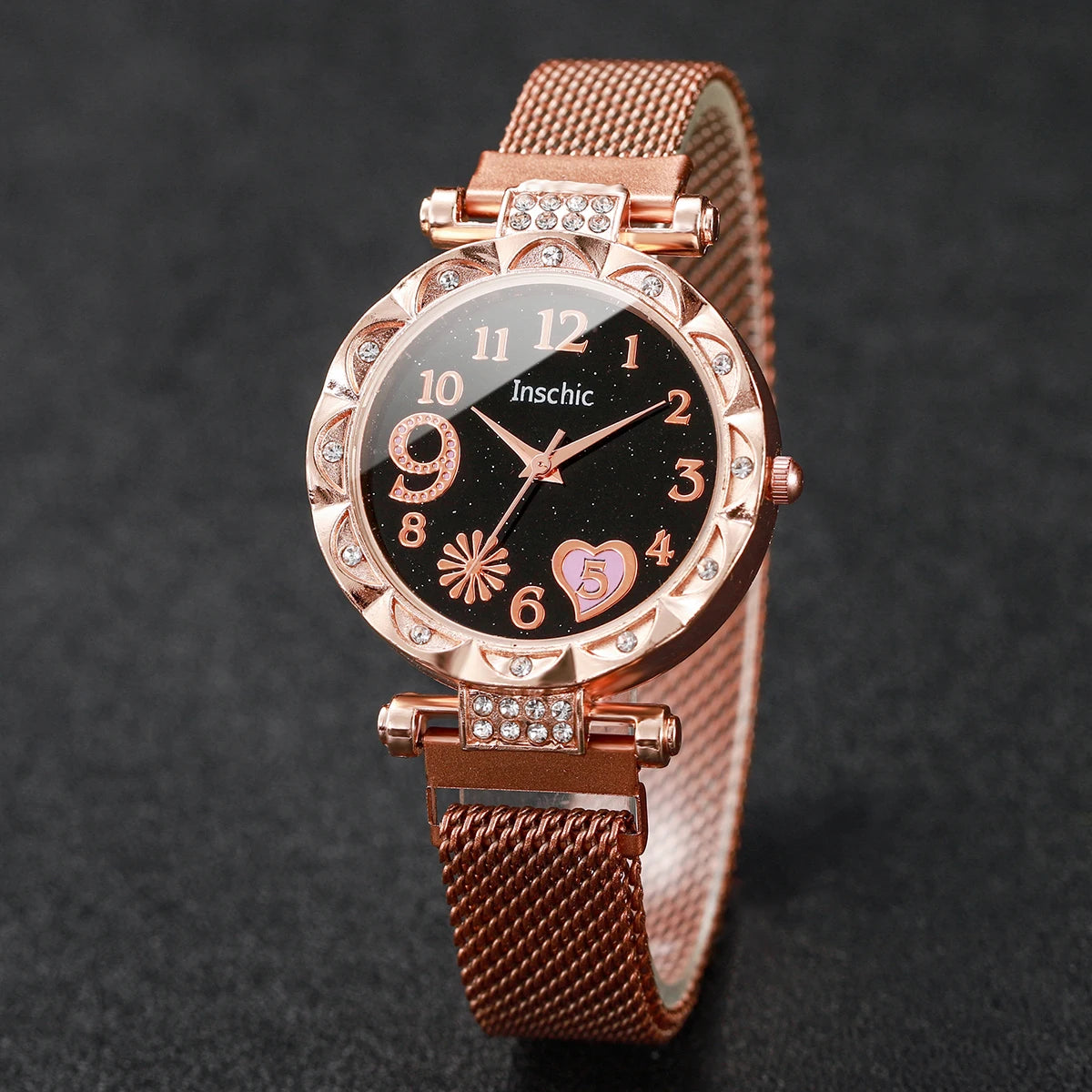 2PCS/Set Fashion Flower Dial Women's Watch Magnet Buckle Mesh Band Quartz Watches Star Bracelet Set(Without Box)