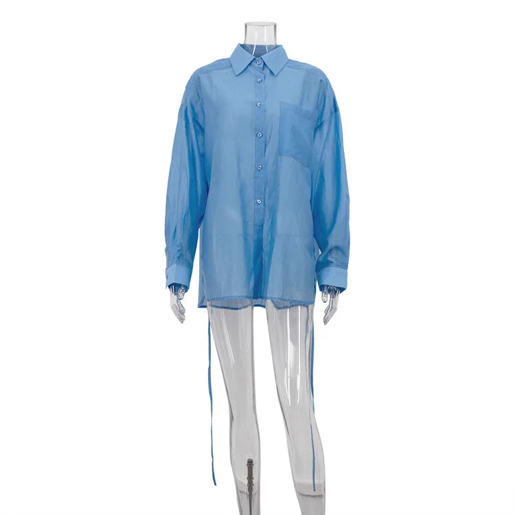 Casual Loose Solid See Through Blue Blouse For Women Sexy Lapel Long Sleeve Classic Shirt 2026 New Autumn Commuter Female Tops