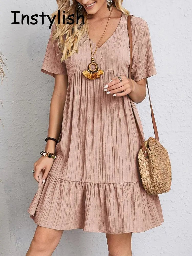Women Elegant V Neck Ruffles Mini Dress Summer Vintage Solid Loose Sundress Bohemian Casual Solid Beach Party Vestidos
