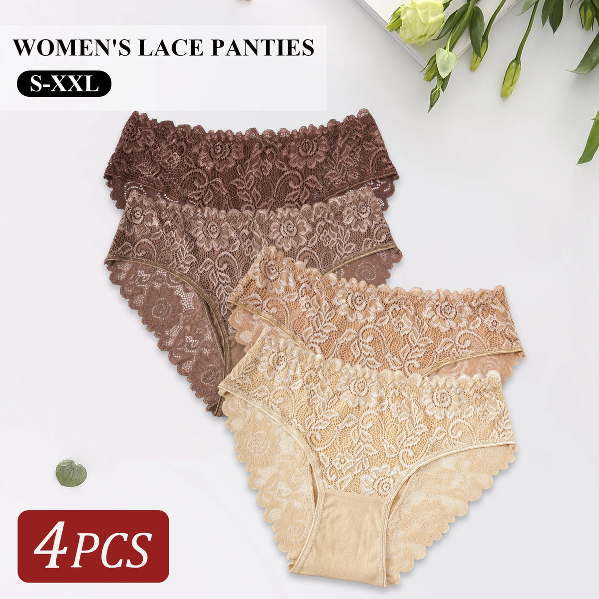 4PCS Women's Panties Sexy Elegant Floral Lace Underwear Comfortable Breathable Cotton Briefs Lingerie Perfect for Daily Wear