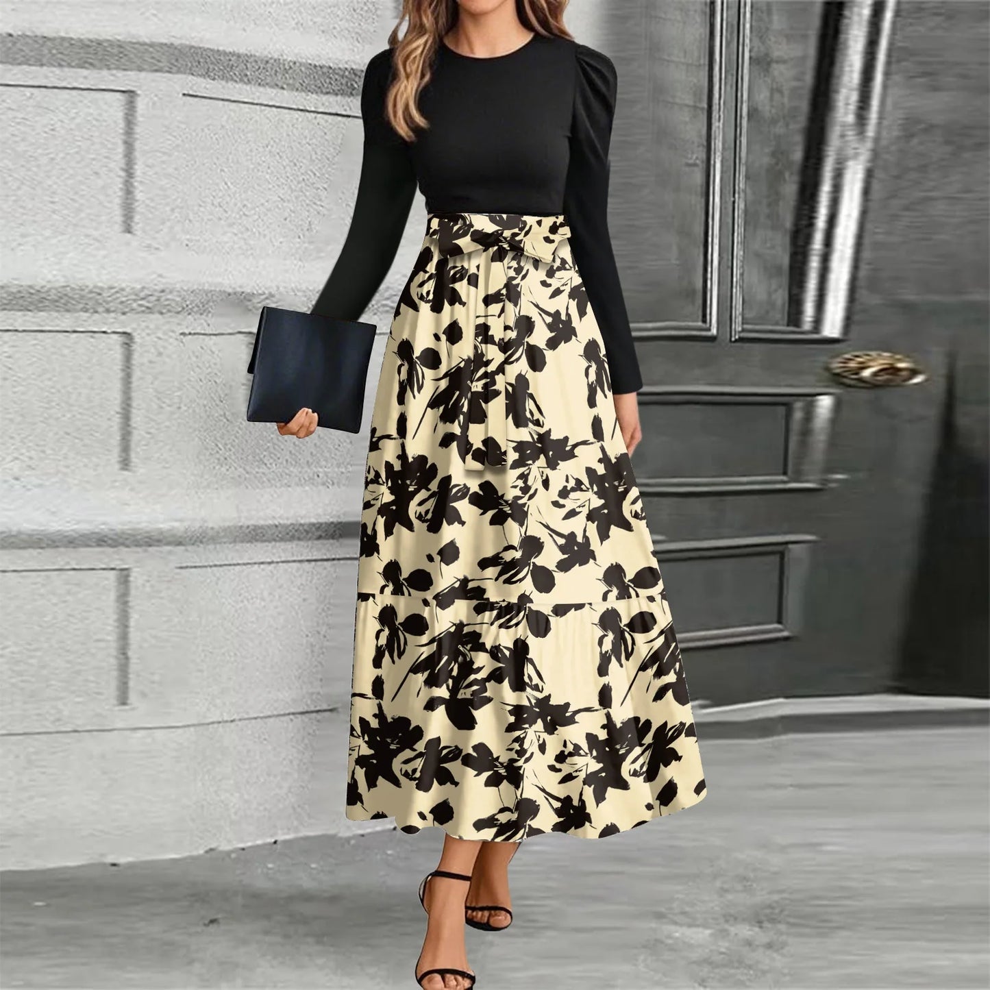 Printed High-Waist Long Sleeve Maxi Dress – O-Neck 2026